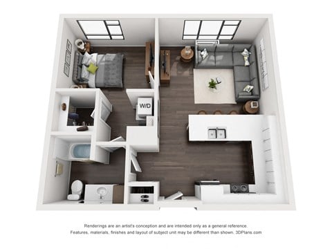 Floor plan for 1 bed, 1 bath, 739 sqft